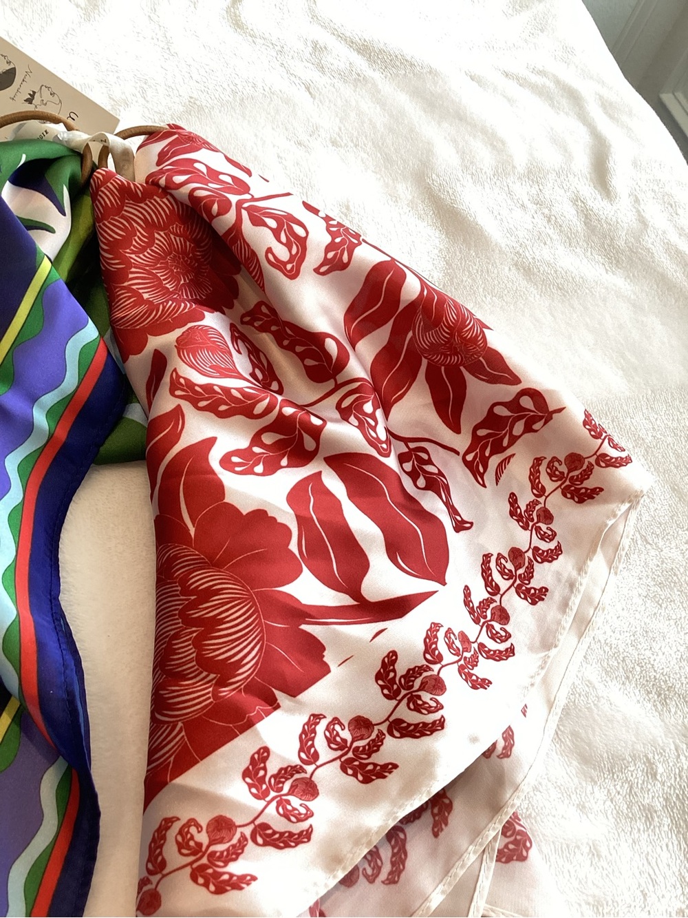 Anthropologie Silky Scarf Bag Head Hair Scarves New Blue and Red Floral Set of 2 - Picture 6 of 9